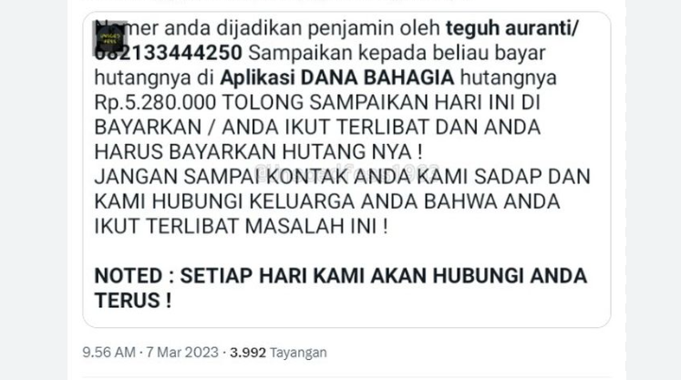 nomor hp di jadikan kontak darurat di pinjol